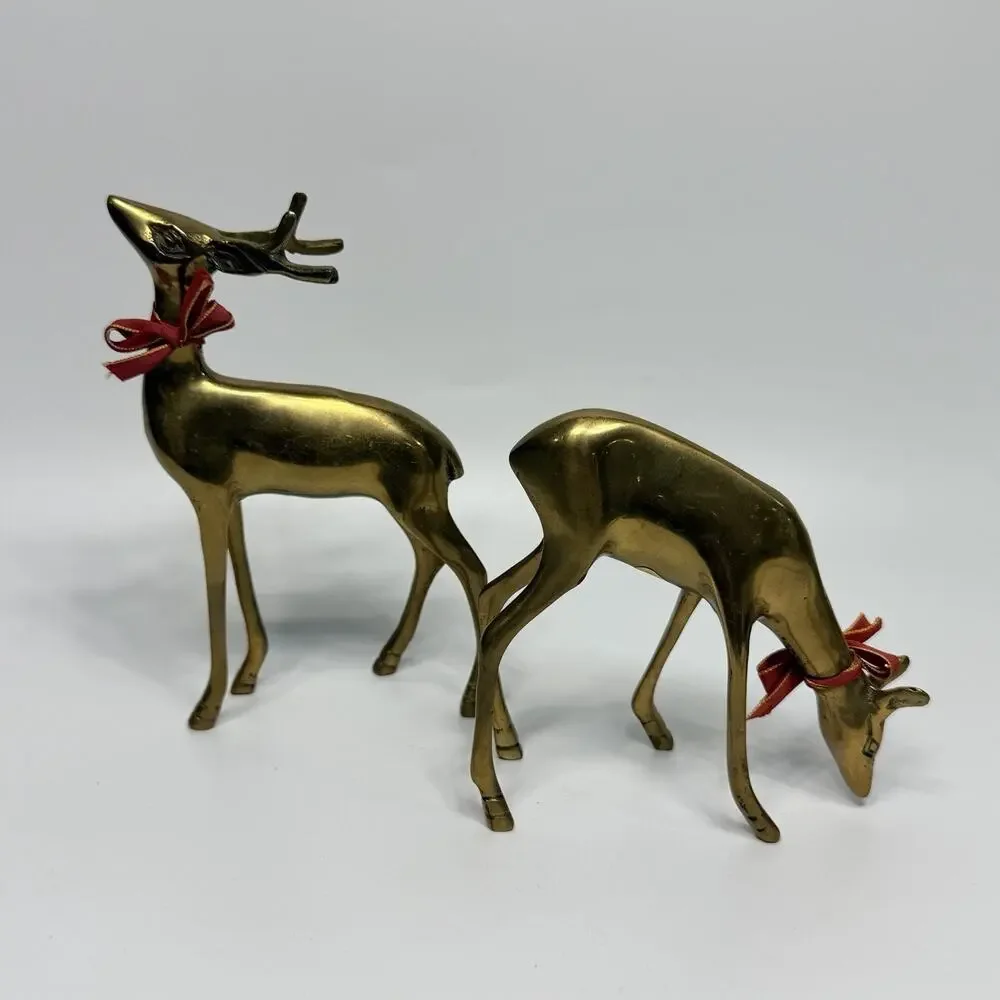 2 Vintage Brass Deer Figurines Buck Doe Reindeer Holiday Decor India MCM 6